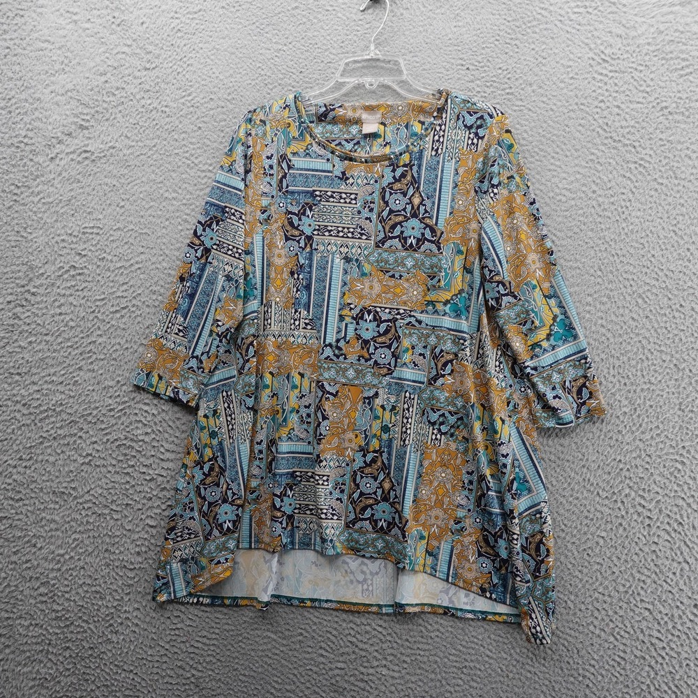 Chicos Tunic Top Womens Medium Geometric Floral 3/4 Sleeve Stretch Shirt Blouse